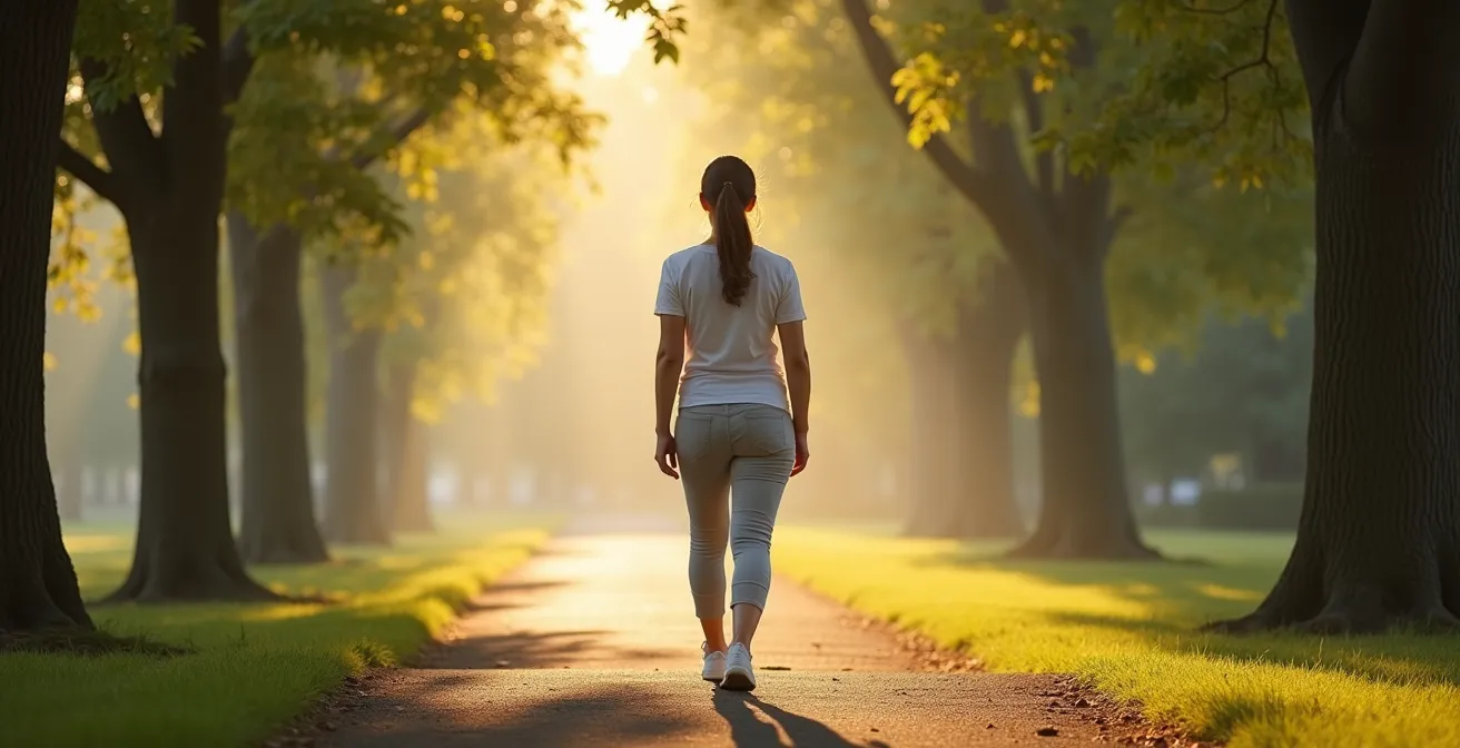 Femme en convalescence marchant doucement dans un parc