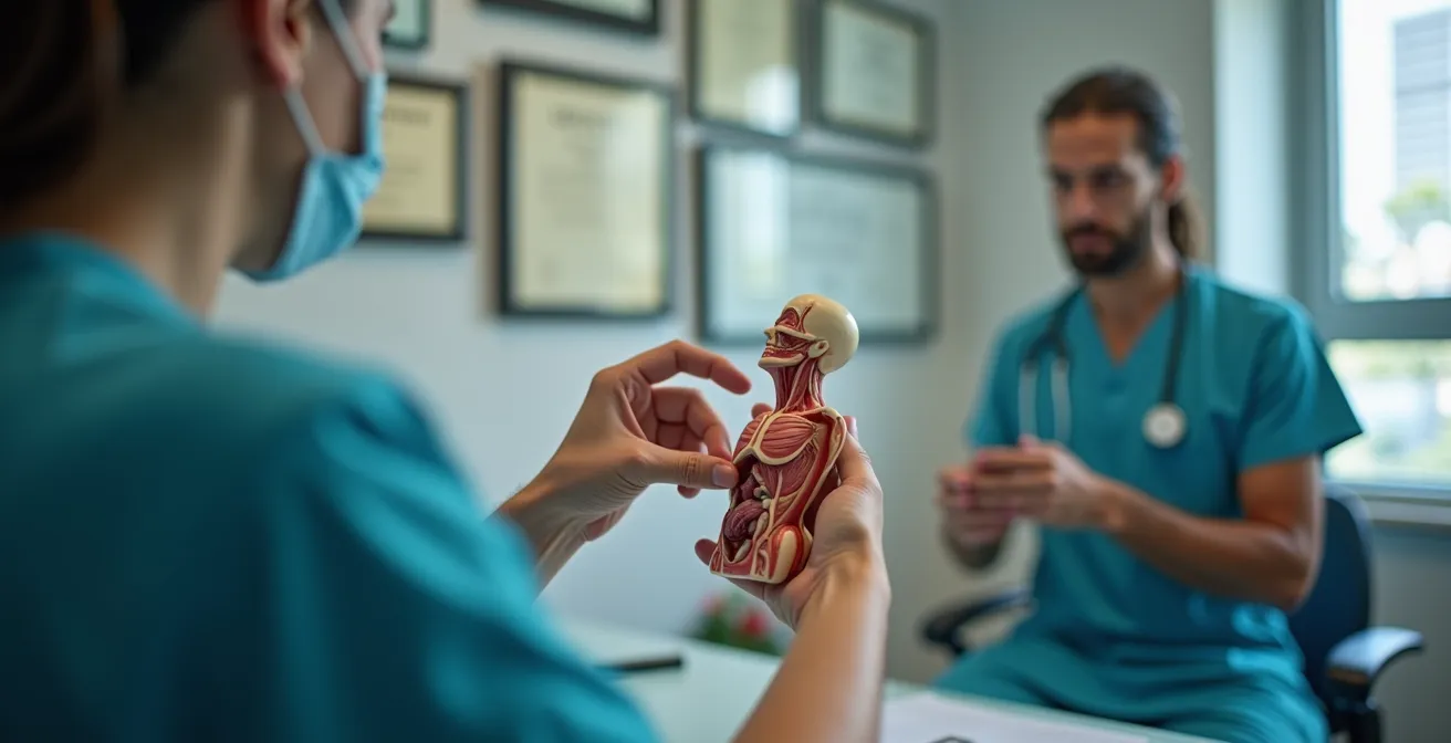 Mains de chirurgien en consultation montrant un geste professionnel