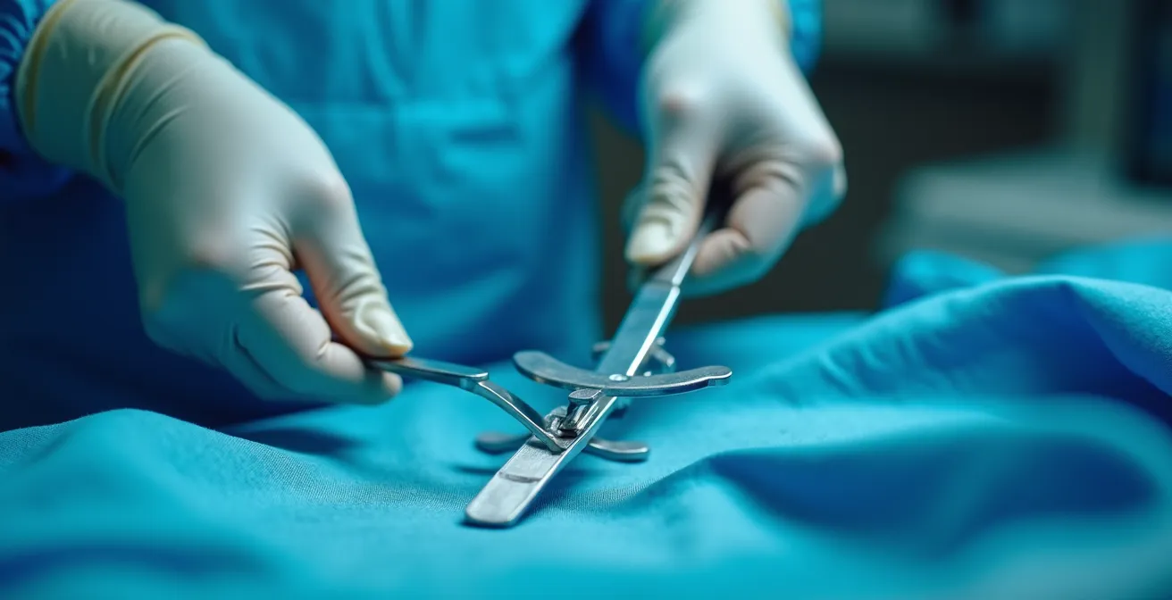 Mains de chirurgien préparant une intervention composite avec instruments stériles